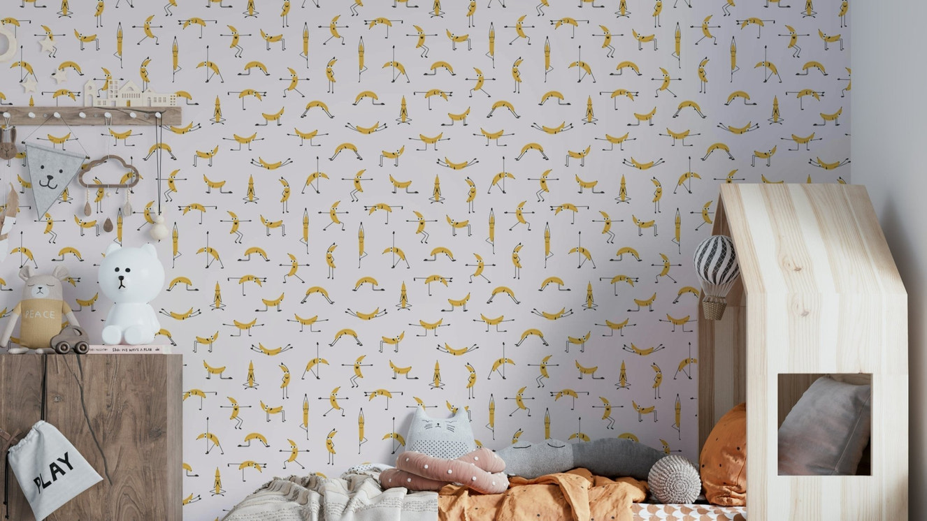 Fun banana character stretching in yoga pose wall art


