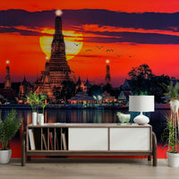Glowing sun behind Bangkok Twilight Wall Mural temple art. GD5066