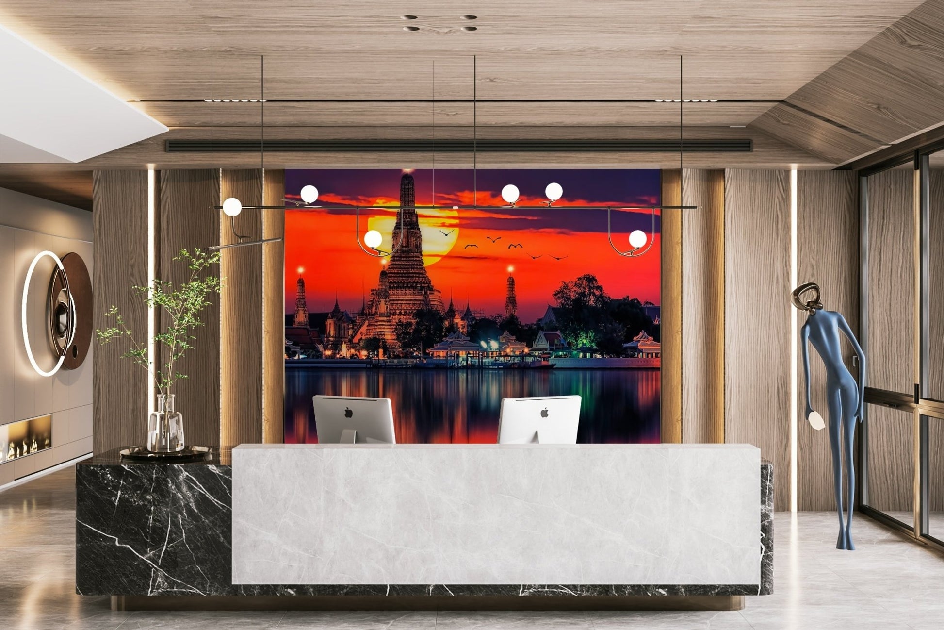 Birds fly across a vivid orange twilight skyline view. GD5066