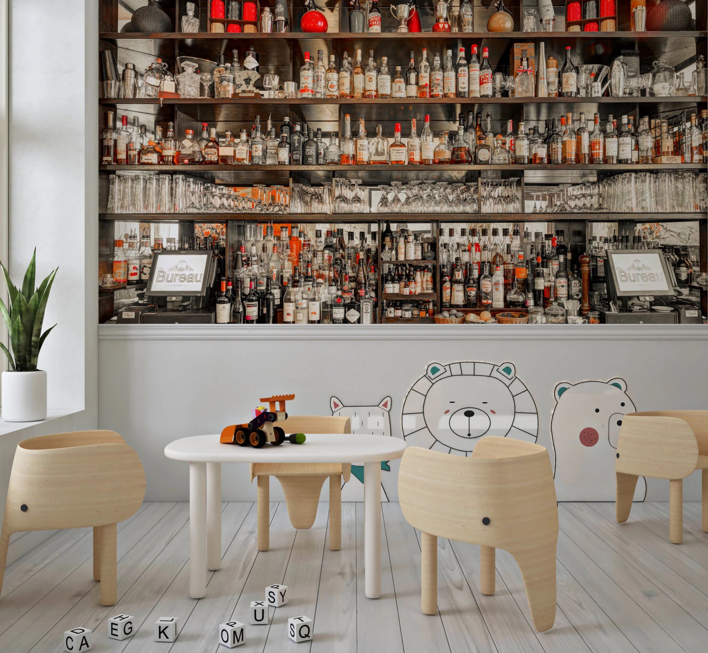 Peel and stick bar wall mural with vintage shelves