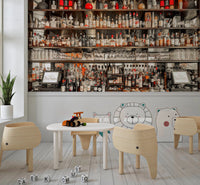 Peel and stick bar wall mural with vintage shelves