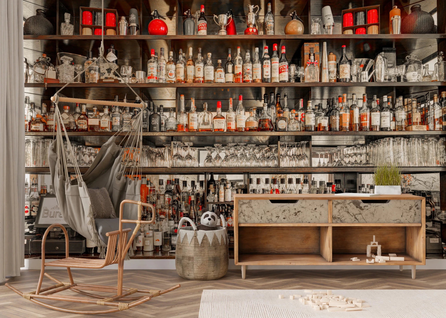 Bar Brilliance Wall Mural showing liquor bottle racks