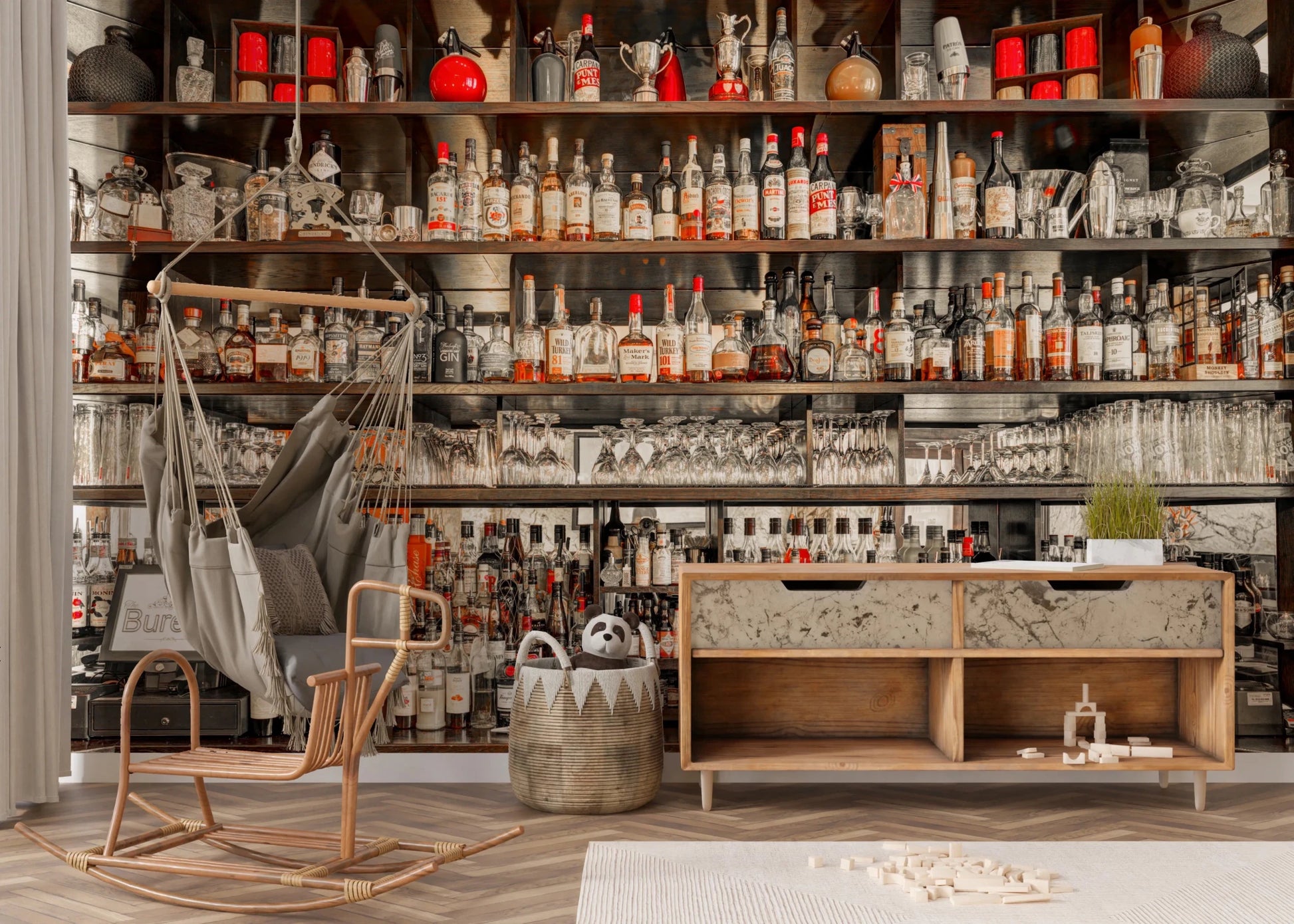 Bar Brilliance Wall Mural showing liquor bottle racks
