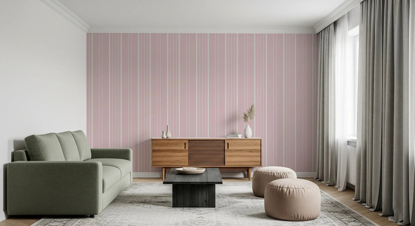 Living room enhanced by vertical stripe wallpaper in barely blush tones