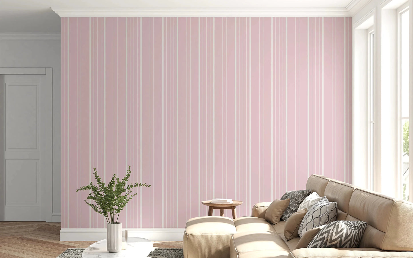 Bright living room featuring soft vertical stripe wallpaper in blush tones