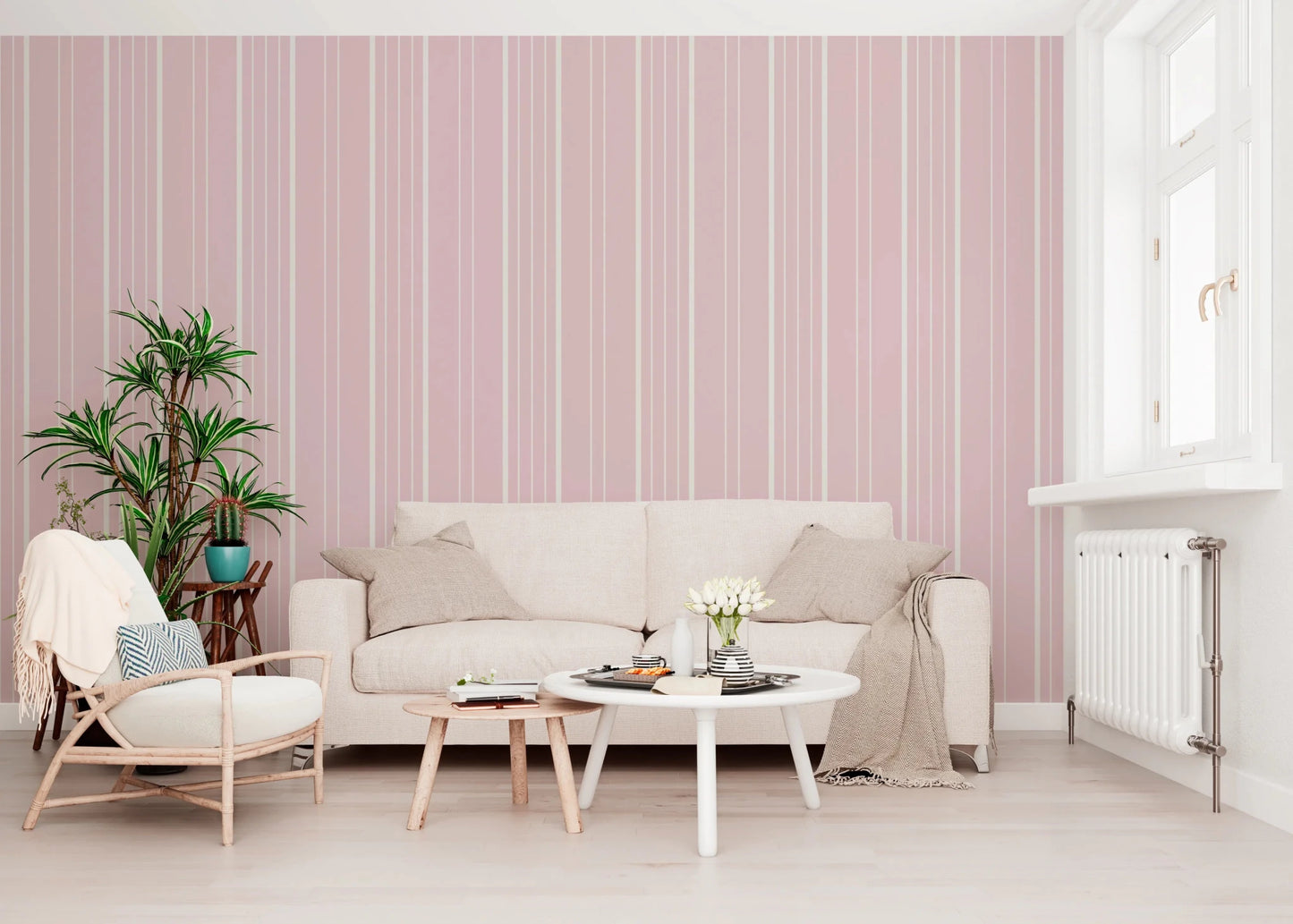 Elegant sitting area styled with Barely Blush Stripes Wallpaper and neutrals