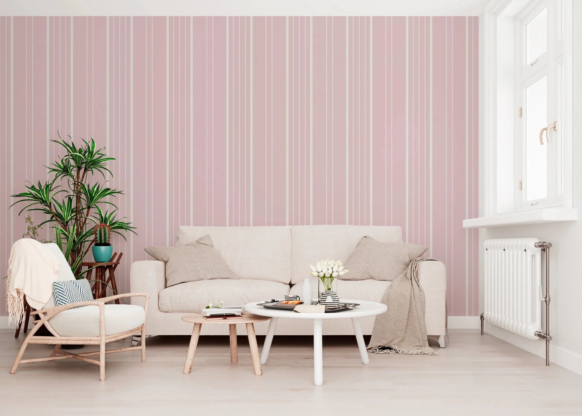 Elegant sitting area styled with Barely Blush Stripes Wallpaper and neutrals