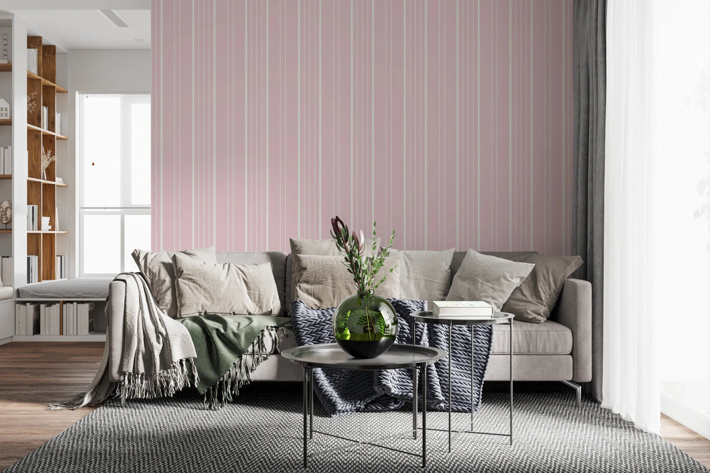 Cozy lounge area complemented by light blush stripe wallpaper and decor