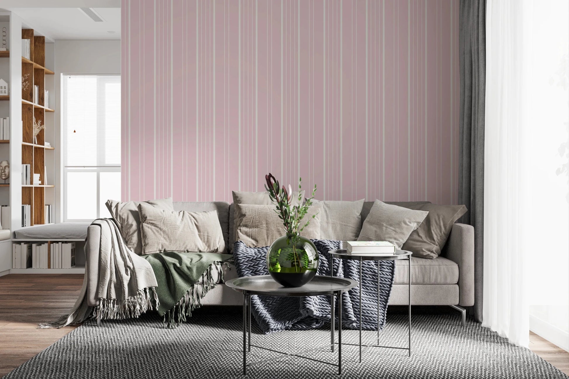 Cozy lounge area complemented by light blush stripe wallpaper and decor