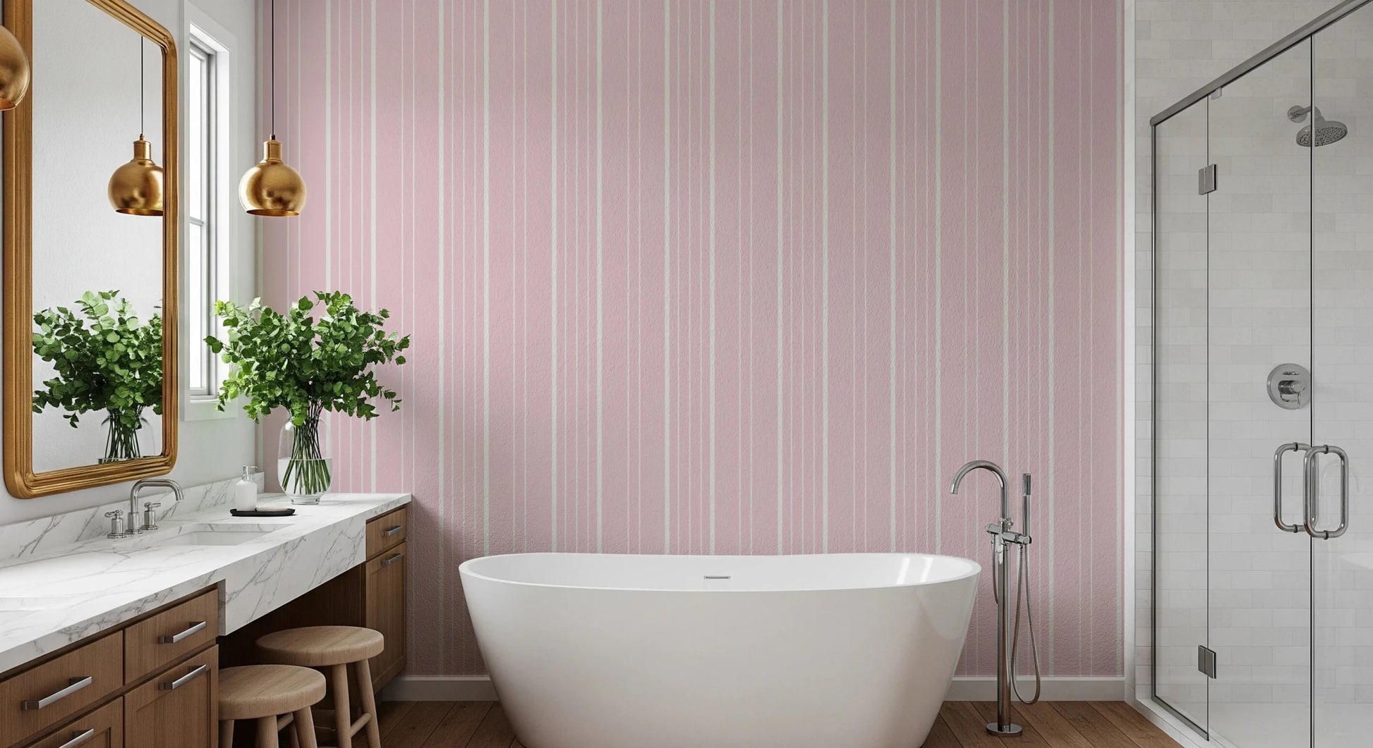 Bathroom interior finished with subtle stripe wallpaper in soft blush shade