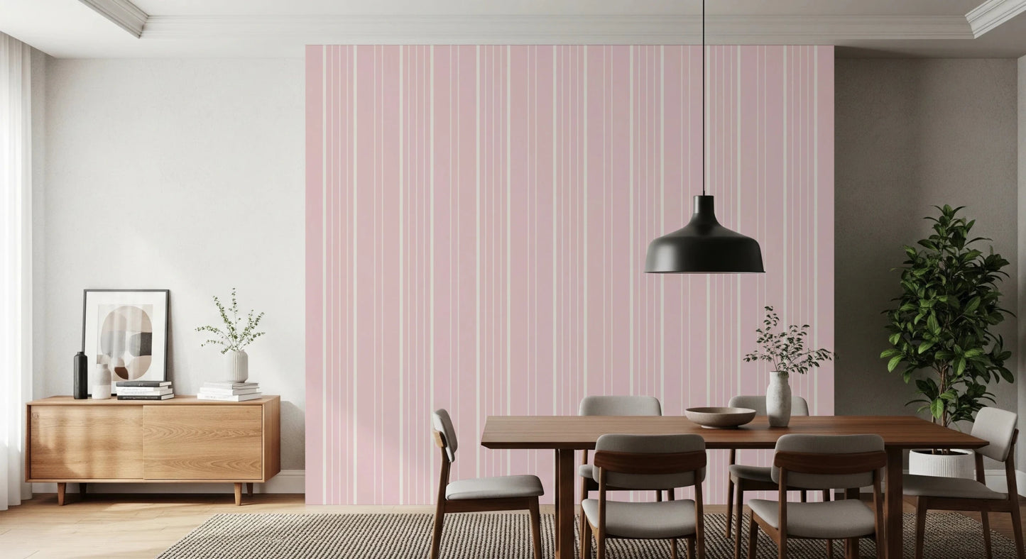 Dining area paired with blush stripe wallpaper and clean modern furniture