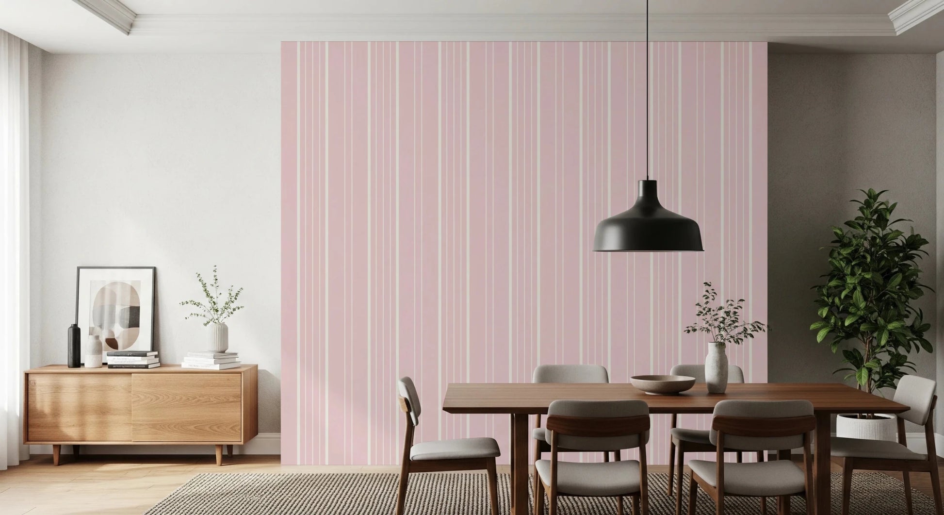 Dining area paired with blush stripe wallpaper and clean modern furniture