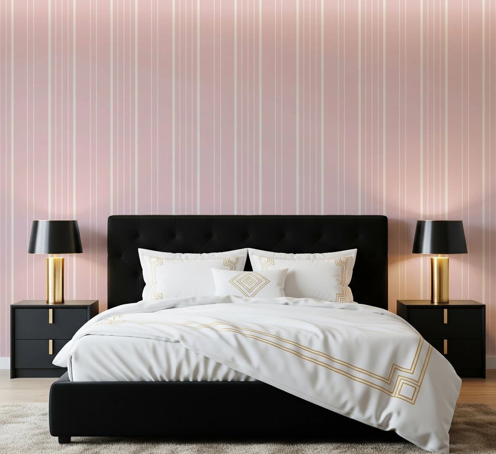 Bedroom styled with Barely Blush Stripes Wallpaper and soft vertical pattern
