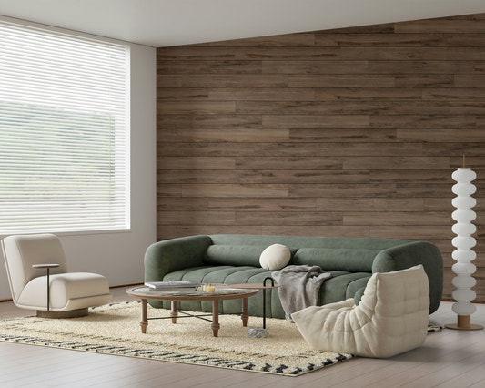 Full living room featuring the warm Barn Wood Beauty Wall Mural.