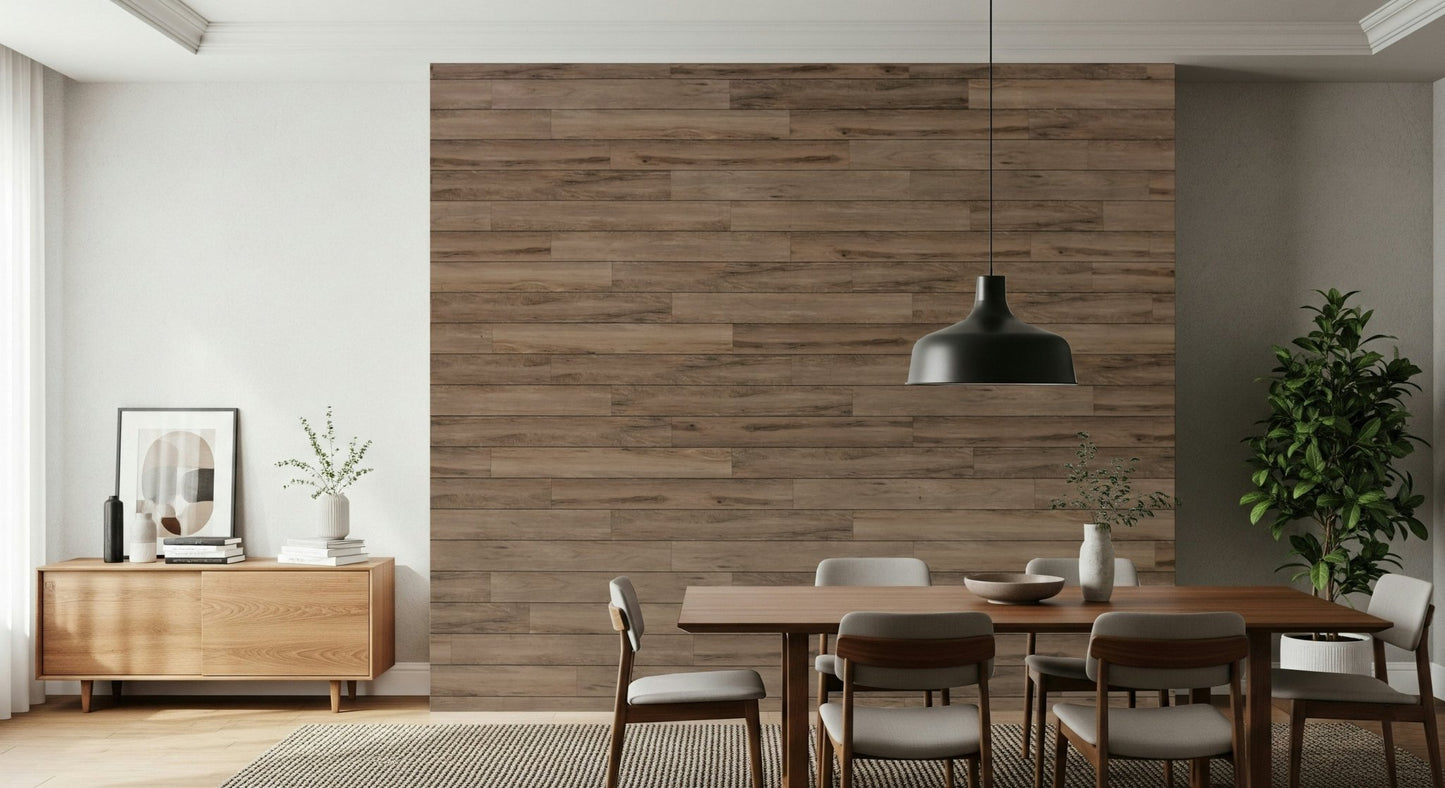 Entryway accent wall with the rustic Barn Wood peel and stick wallpaper.