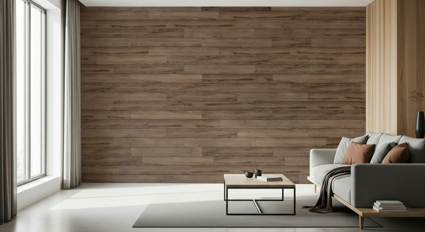 Neutral furniture styled against the Barn Wood Beauty wallpaper.