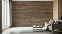 Neutral furniture styled against the Barn Wood Beauty wallpaper.