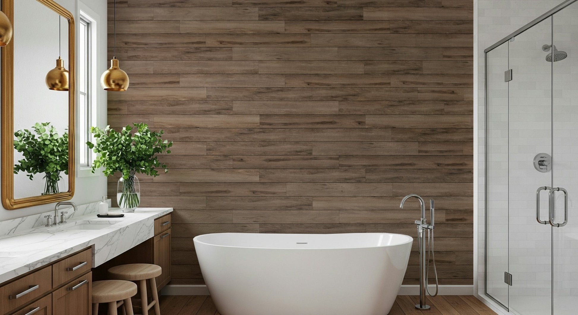 Bedroom with the Barn Wood rustic wood mural behind the bed.