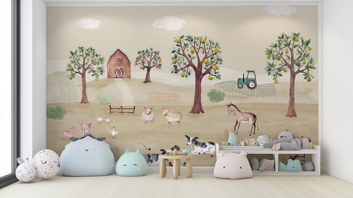 Serene farm mural featuring a charming barn and lush landscape. C366