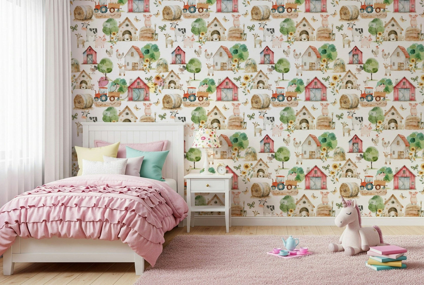 Sweet farm animal pattern Barnyard Buddies wallpaper for children's room.
