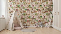 Barnyard Buddies nursery wallpaper showing dog house, ducks, and sunflowers.