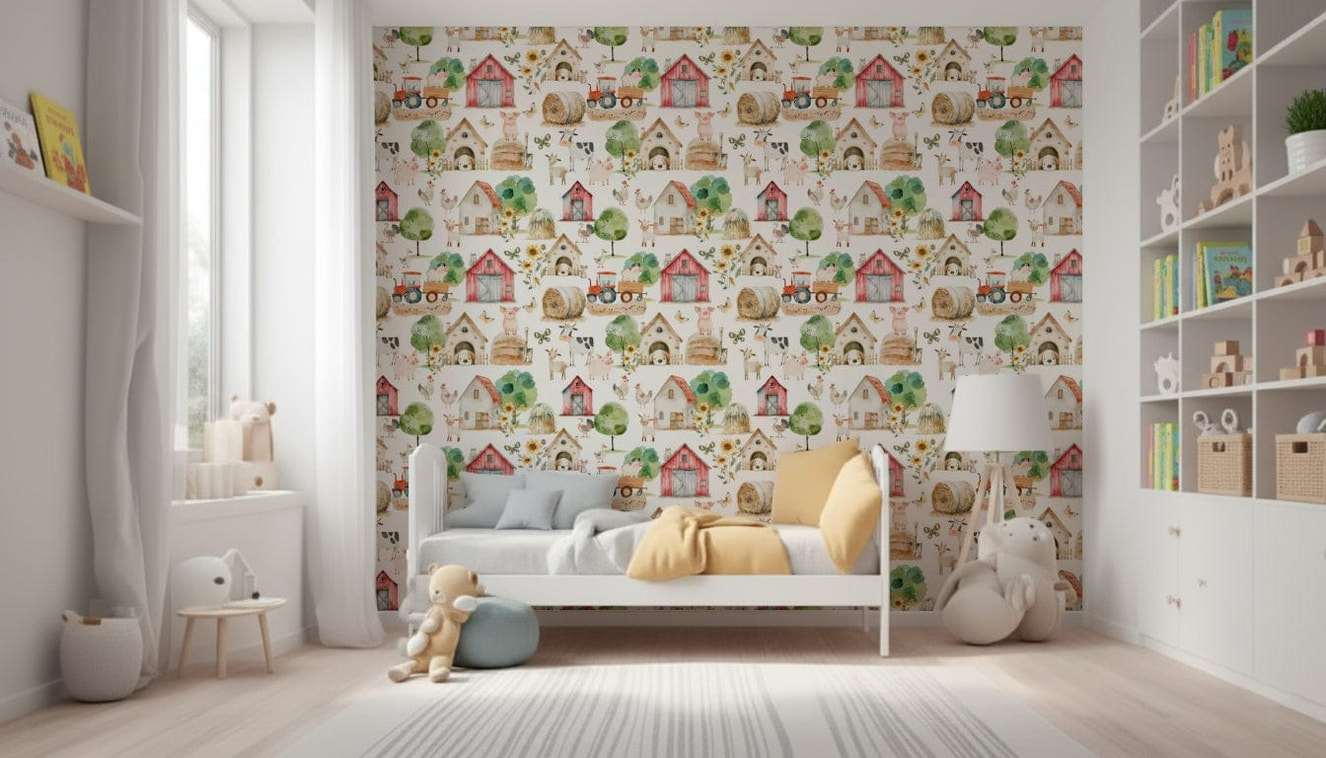 Barnyard Buddies wallpaper, cheerful baby room decor with pigs and cow.