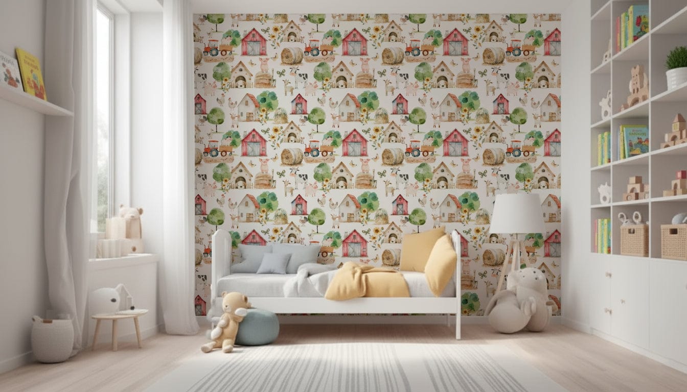 Barnyard Buddies wallpaper, cheerful baby room decor with pigs and cow.