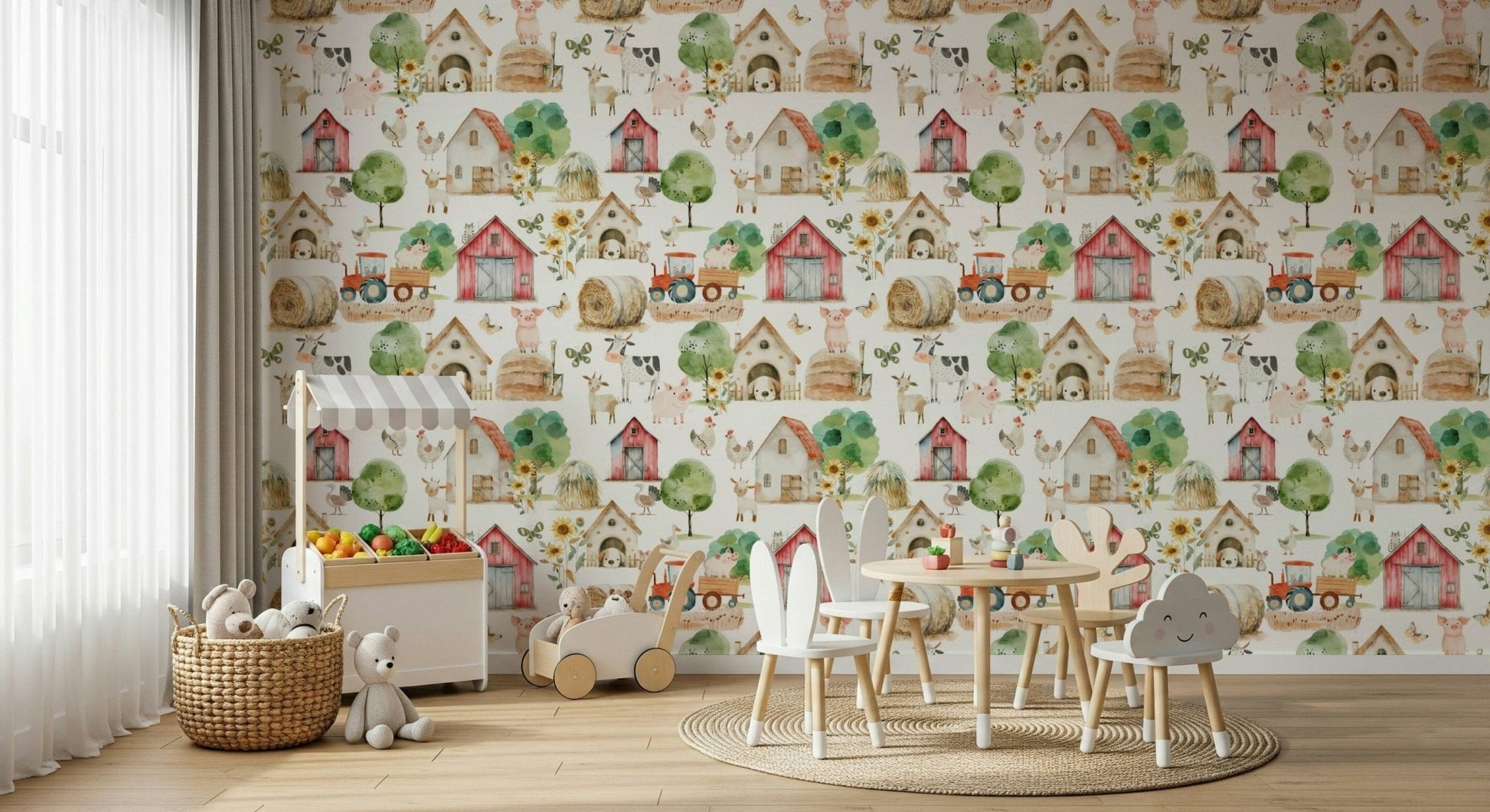 Pastoral scene Barnyard Buddies print, perfect accent wall covering.