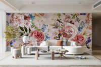 An elegant wall mural with a detailed floral pattern.

