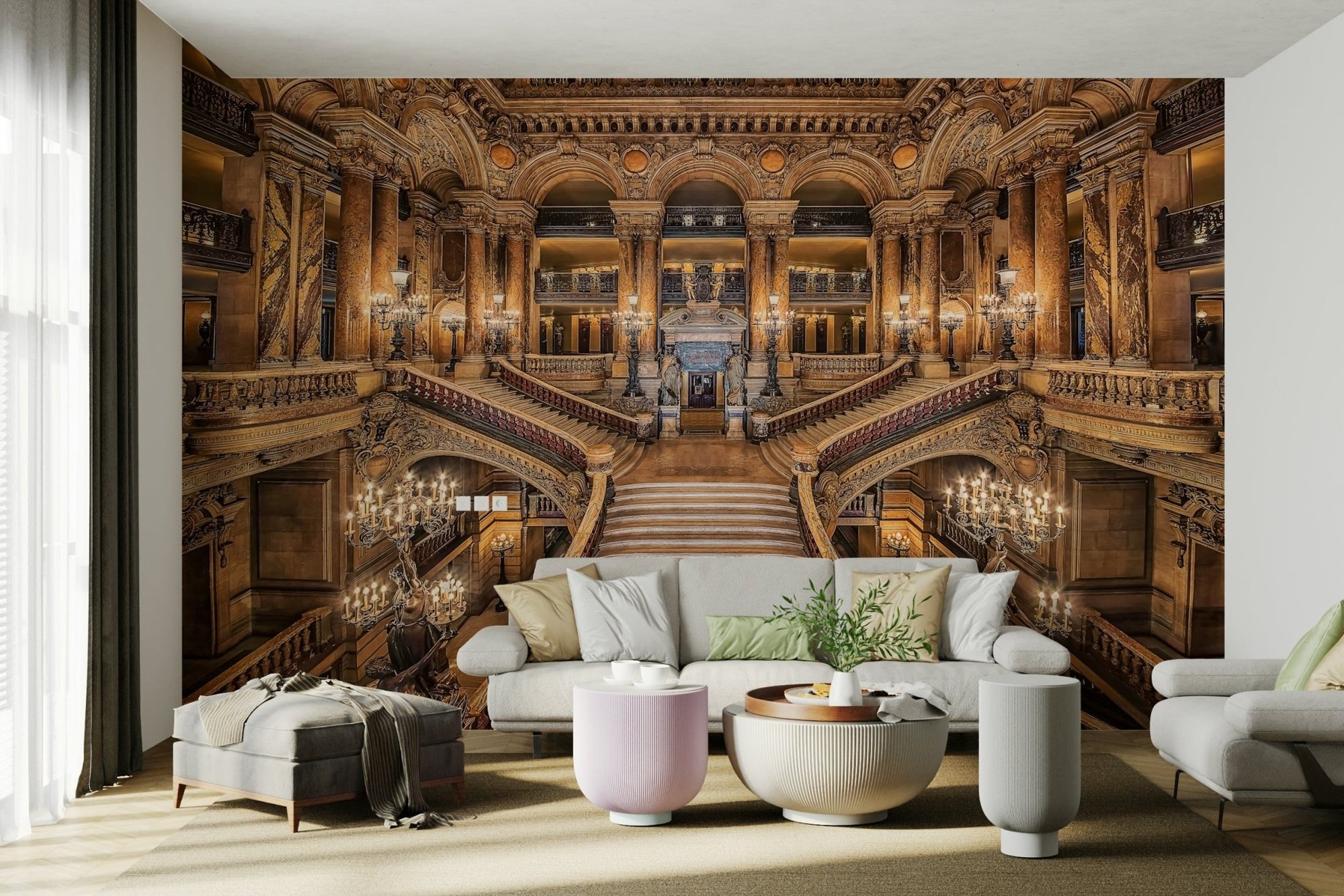 Baroque Elegance wall mural showing an ornate palace staircase in warm gold GD5009
