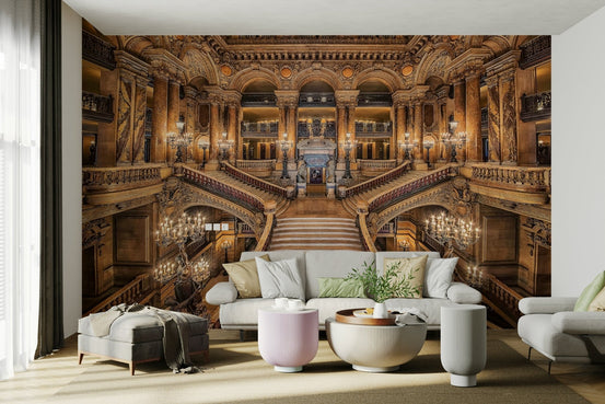 Baroque Elegance wall mural showing an ornate palace staircase in warm gold GD5009
