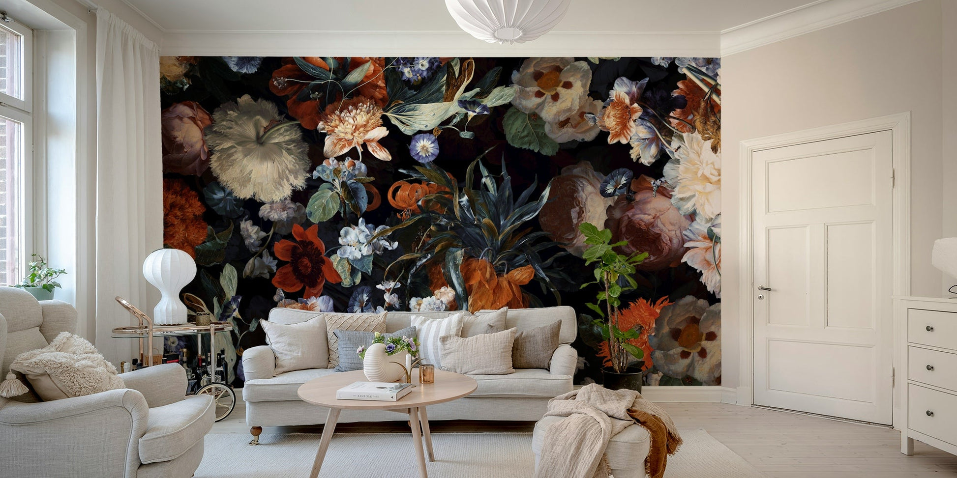 An elegant wall mural with a detailed floral pattern.

