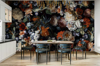 The flowers are in rich, deep colors like dark reds, purples, and blues.

