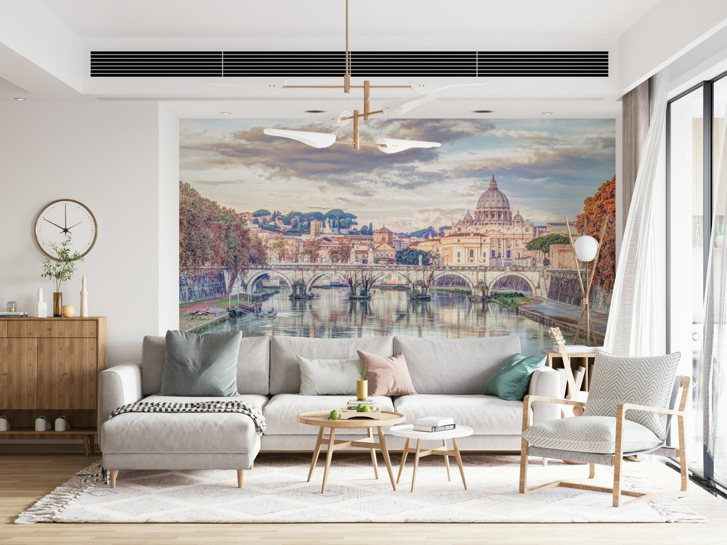Artistic religious landmark wall mural for a high-ceilinged foyer entry.