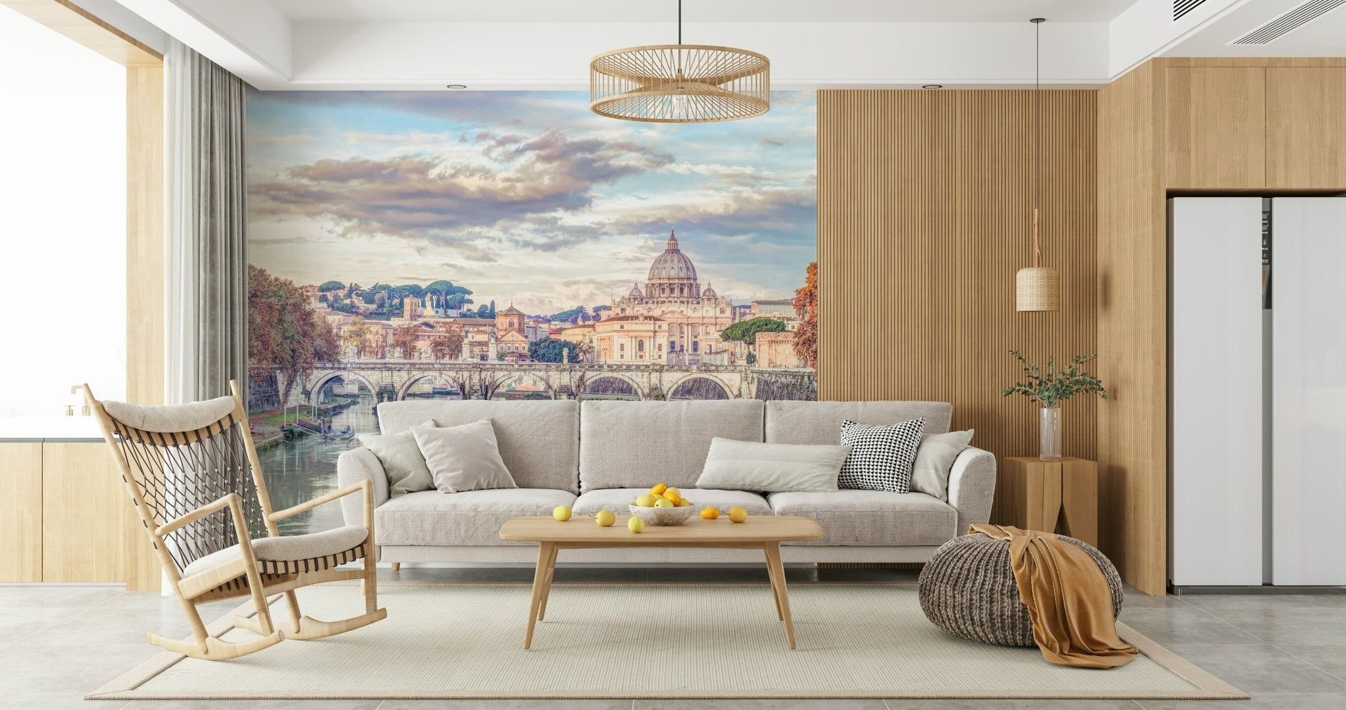 Detailed cathedral wall mural in a modern flat with minimalist furniture.
