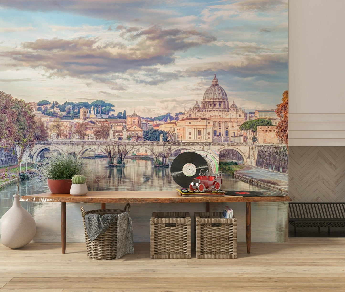 Architectural landmark wallpaper for a quiet home library or study space.