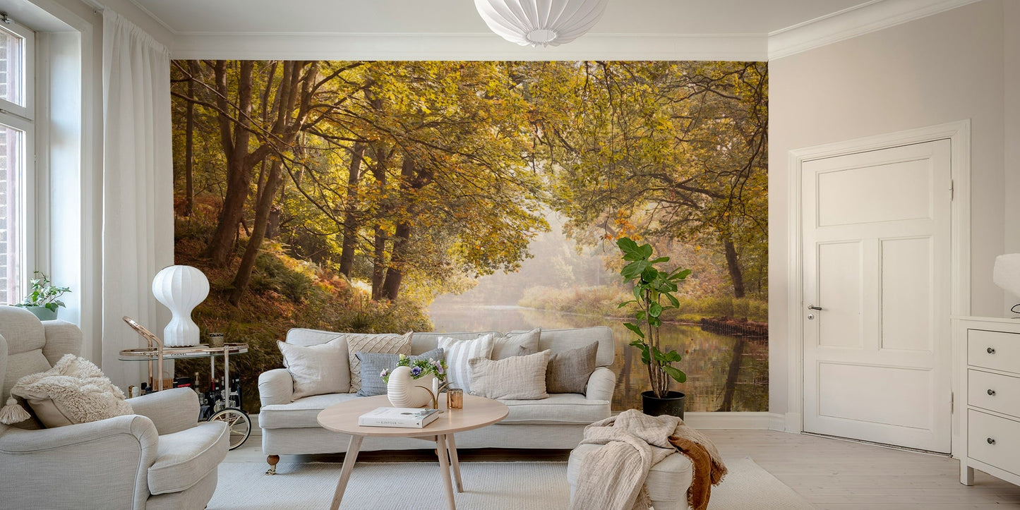 Nature-inspired wall mural with soft forest light

