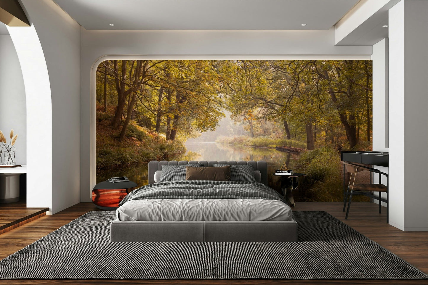 Peaceful nature mural with still canal view

