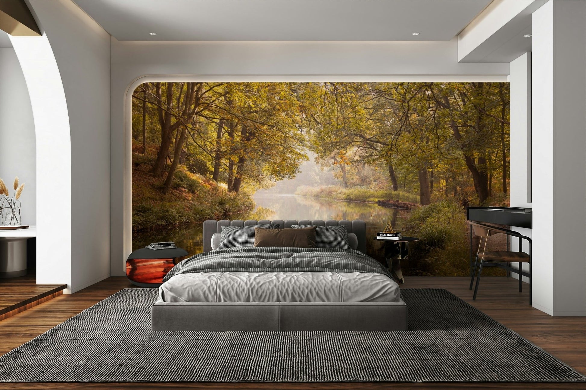 Peaceful nature mural with still canal view

