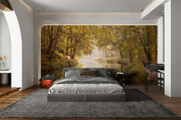 Peaceful nature mural with still canal view

