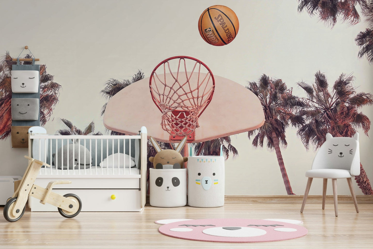 Game room mural with basketball design

