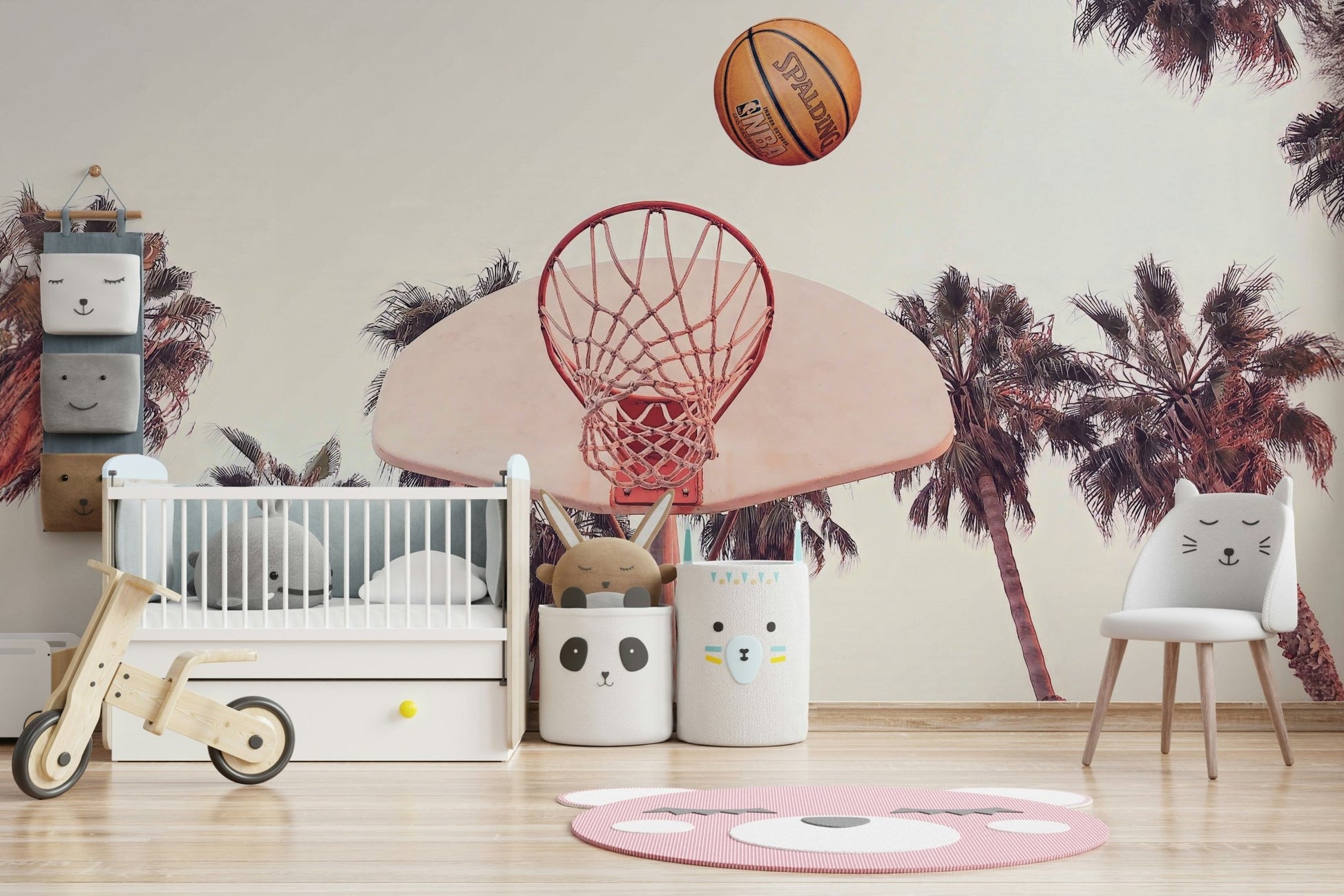 Game room mural with basketball design

