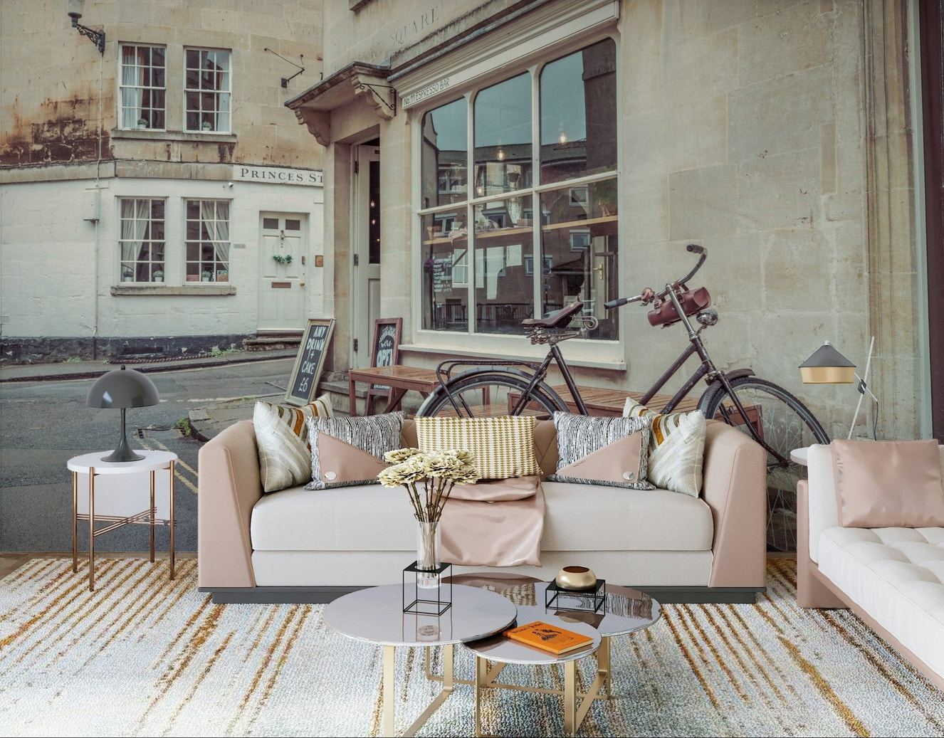 Artistic bicycle wallpaper for a dining room with sophisticated home décor.