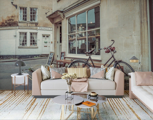 Artistic bicycle wallpaper for a dining room with sophisticated home décor.