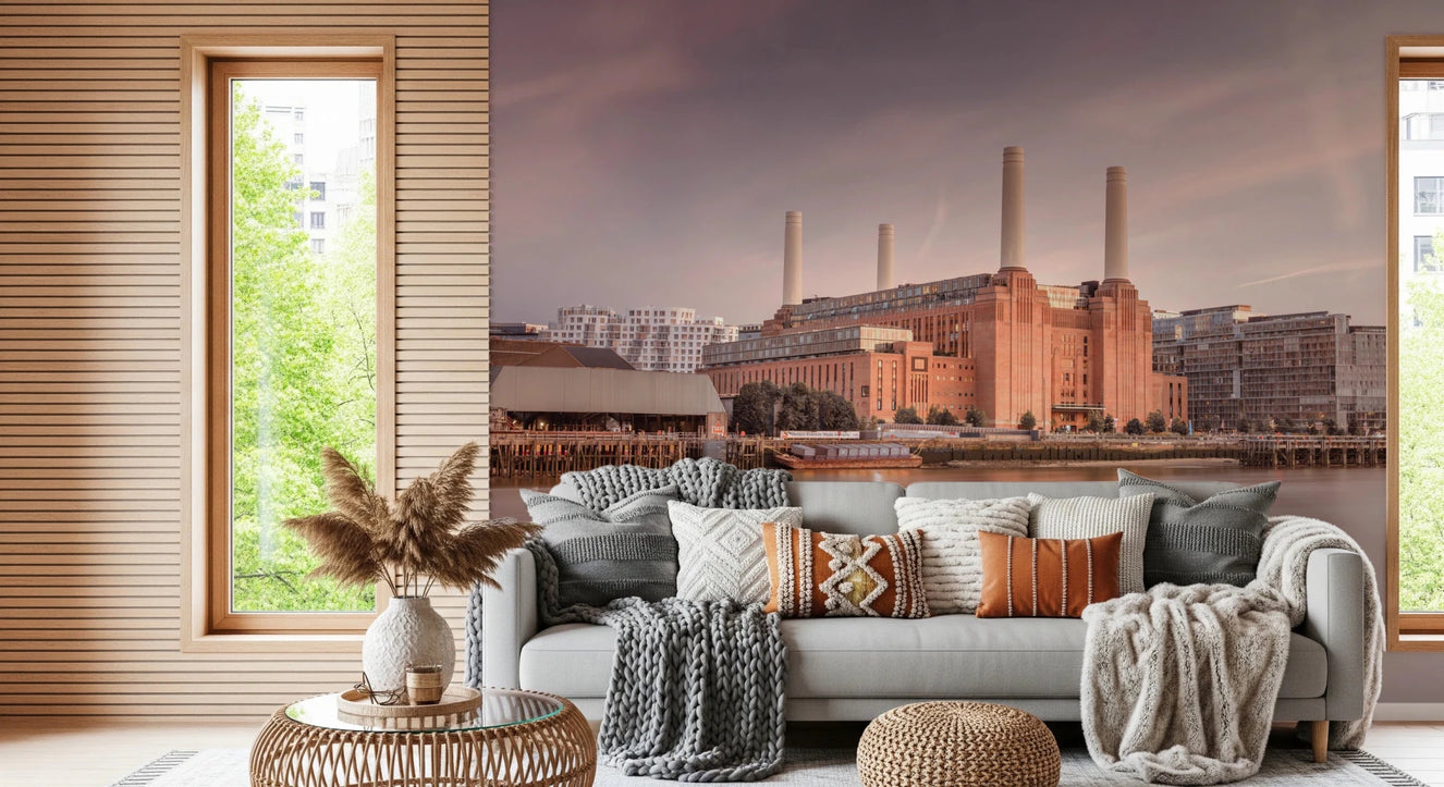 Living room with Battersea Power Station wall mural and calm riverside view
