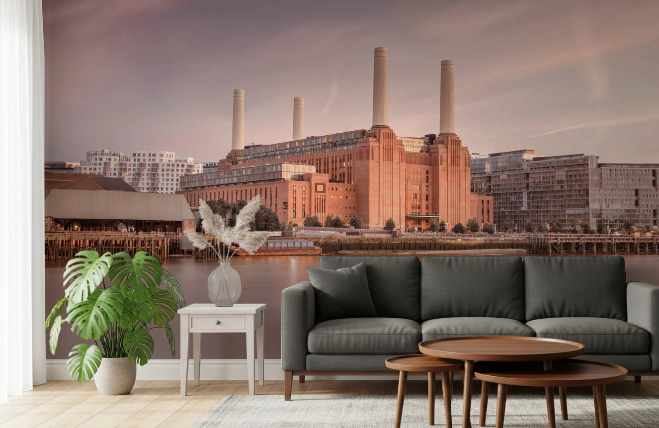 Hallway styled using Battersea Power Station wall mural at dusk