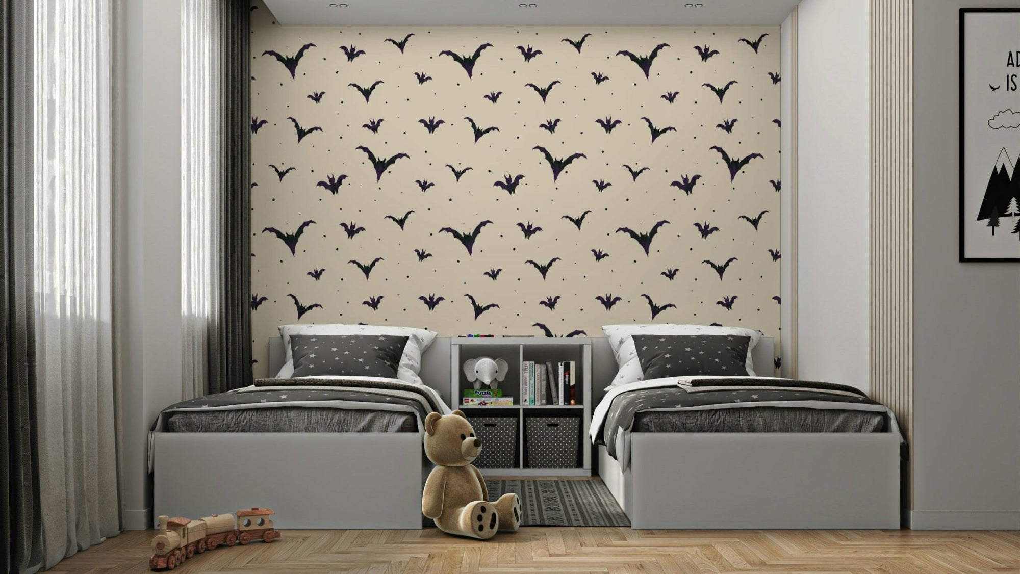 Close-up of a whimsical flying bat pattern GD4027
 
