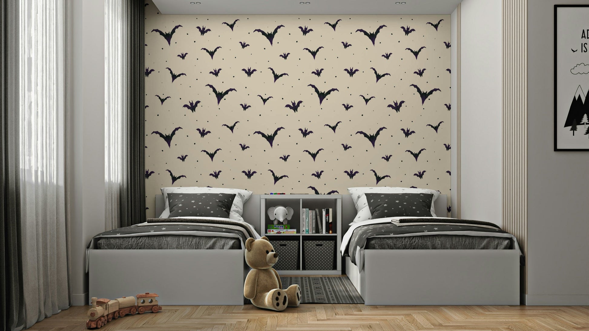 Close-up of a whimsical flying bat pattern


