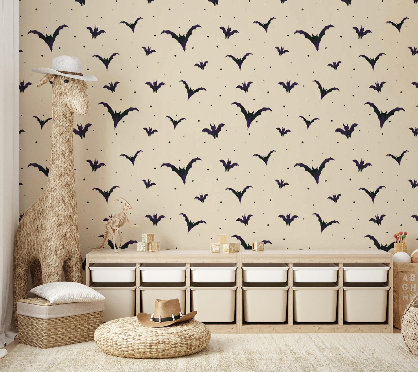 Detailed view of the abstract, hand-drawn bats

