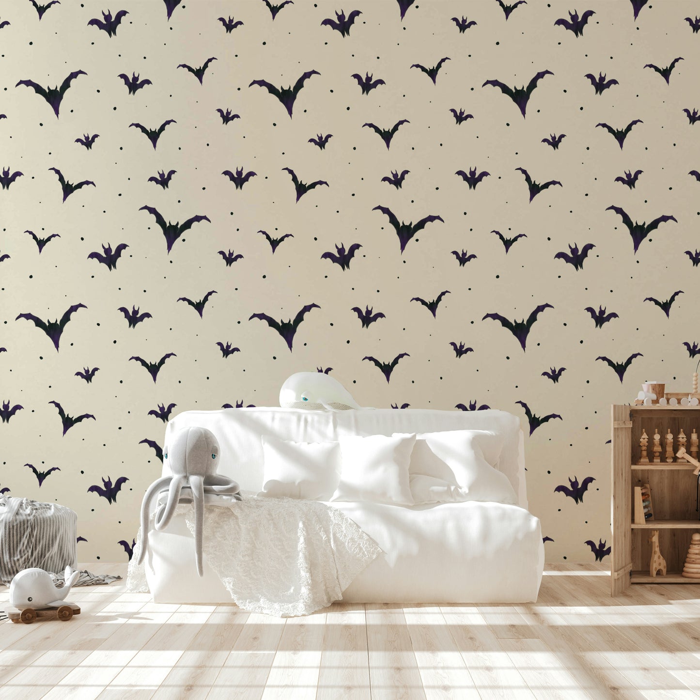 A bedroom decorated with a bat mural

